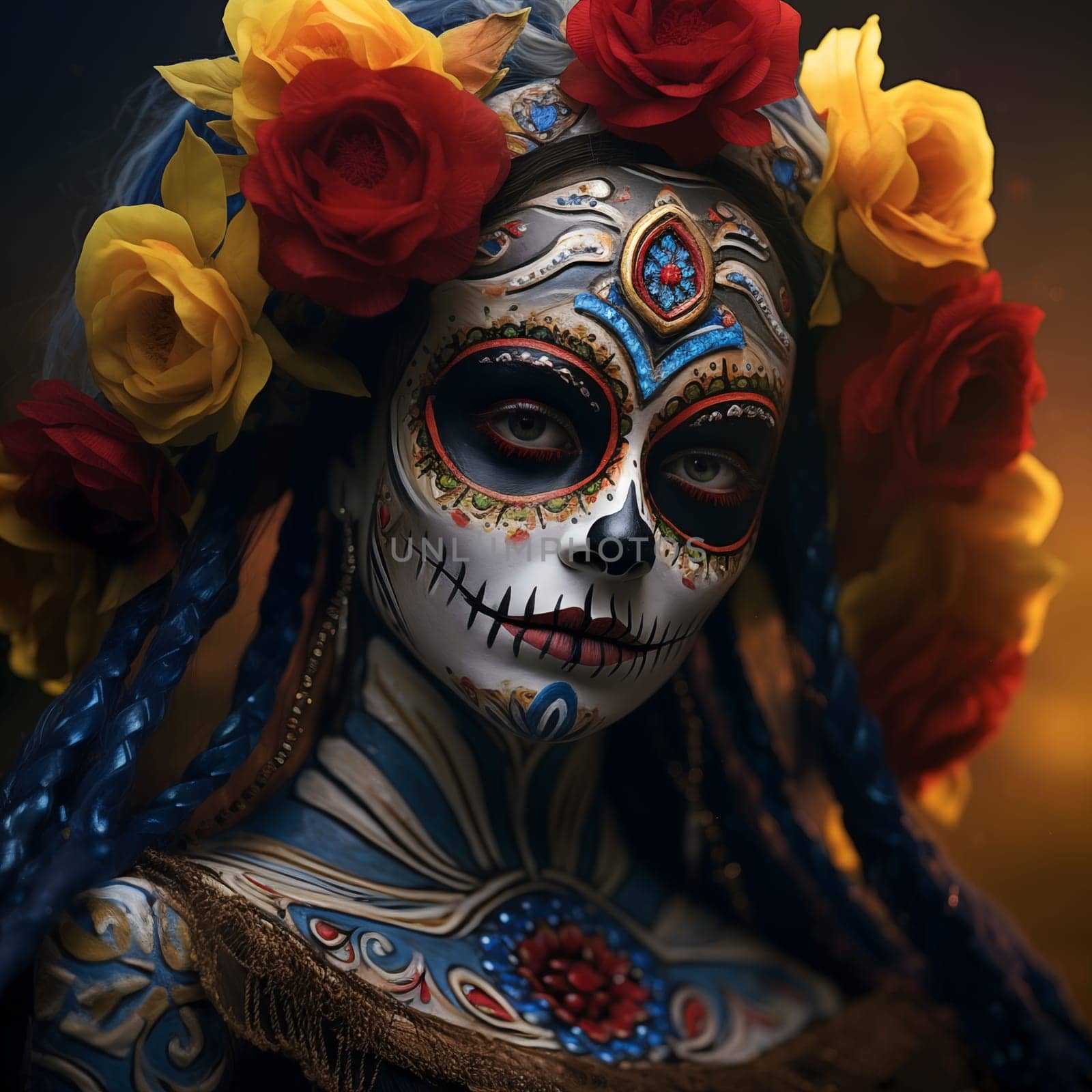 A woman with sugar skull makeup, looking directly at the camera, surrounded by flowers, a traditional day of the dead look.