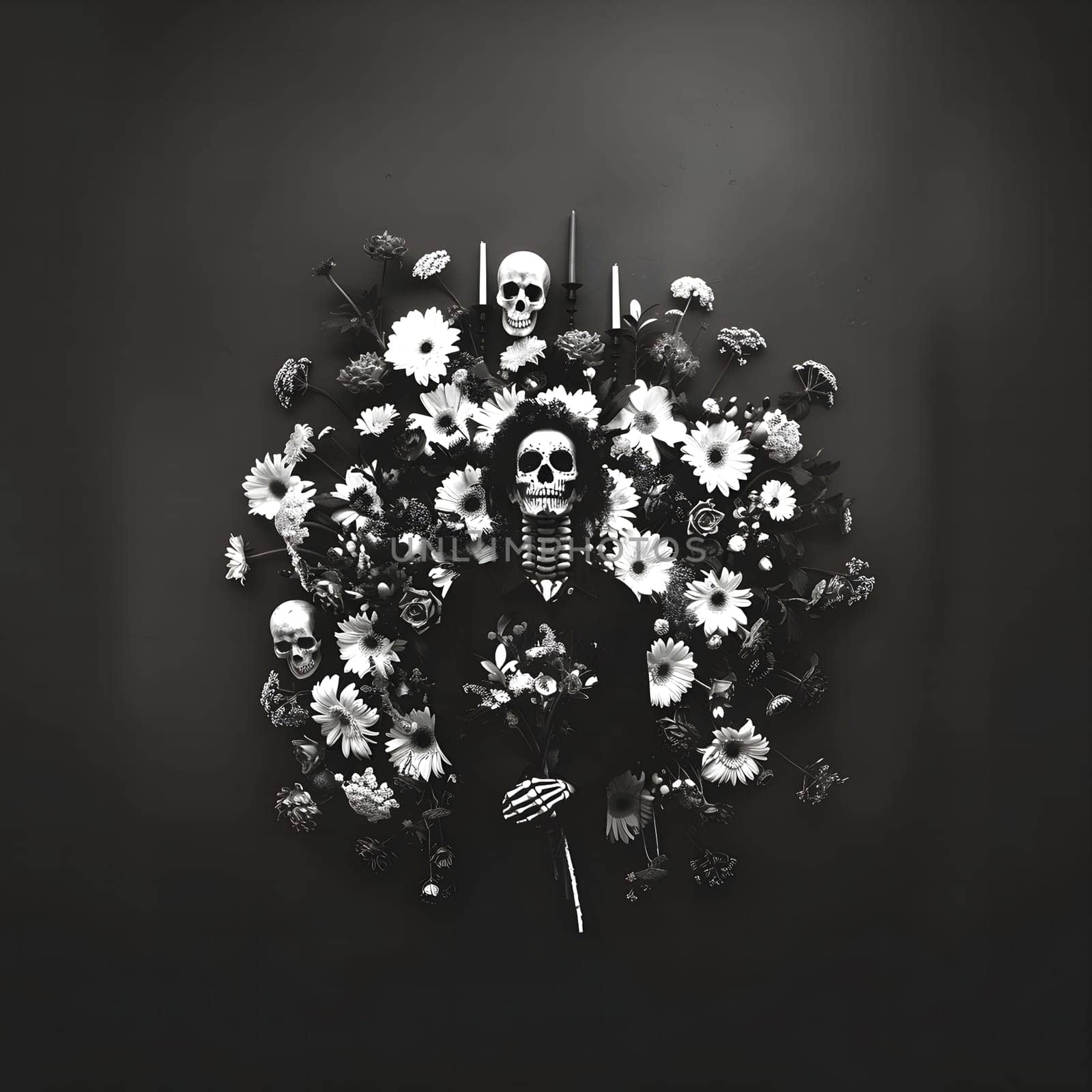 A black and white still life image of a skeleton surrounded by flowers. This image is perfect for a halloween theme or any dark occasion.