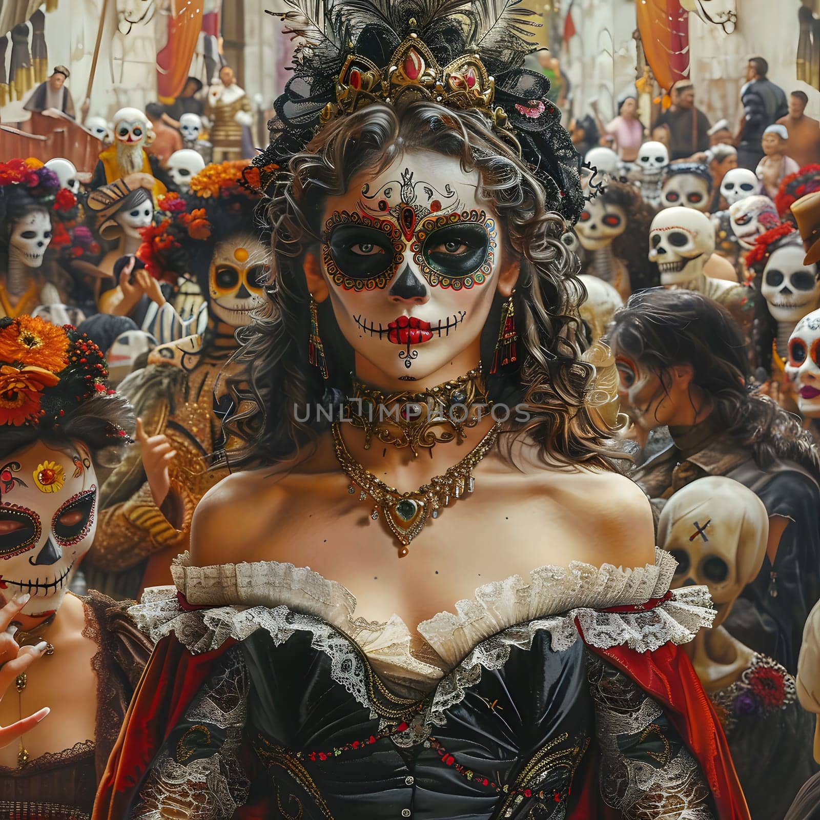 A beautiful woman wearing a sugar skull makeup with a crown and jewelry.
