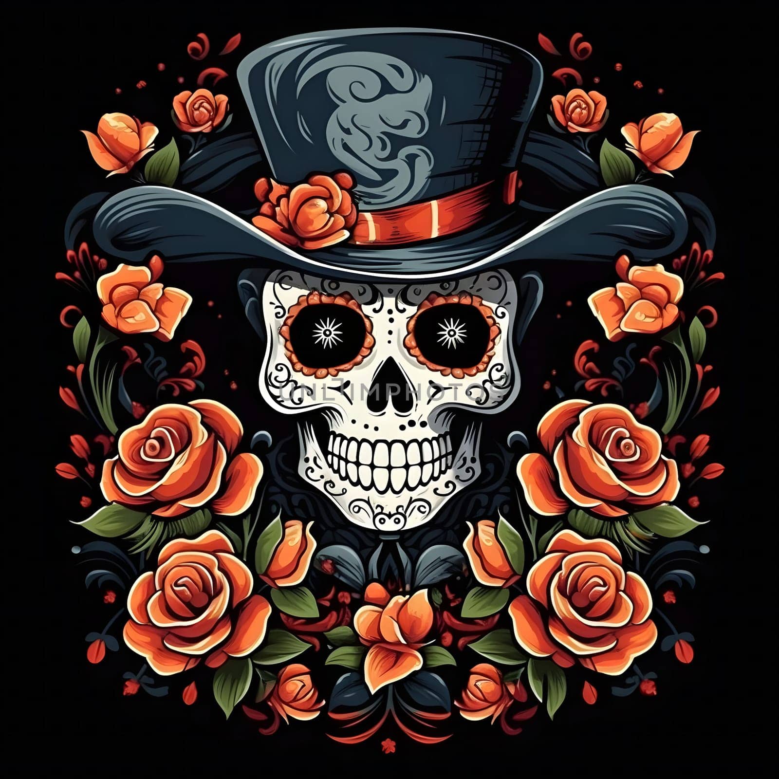 A colorful illustration of a sugar skull with a hat and surrounded by flowers. The skull is a symbol of life and death in Mexican culture, and the flowers are a symbol of beauty and hope.