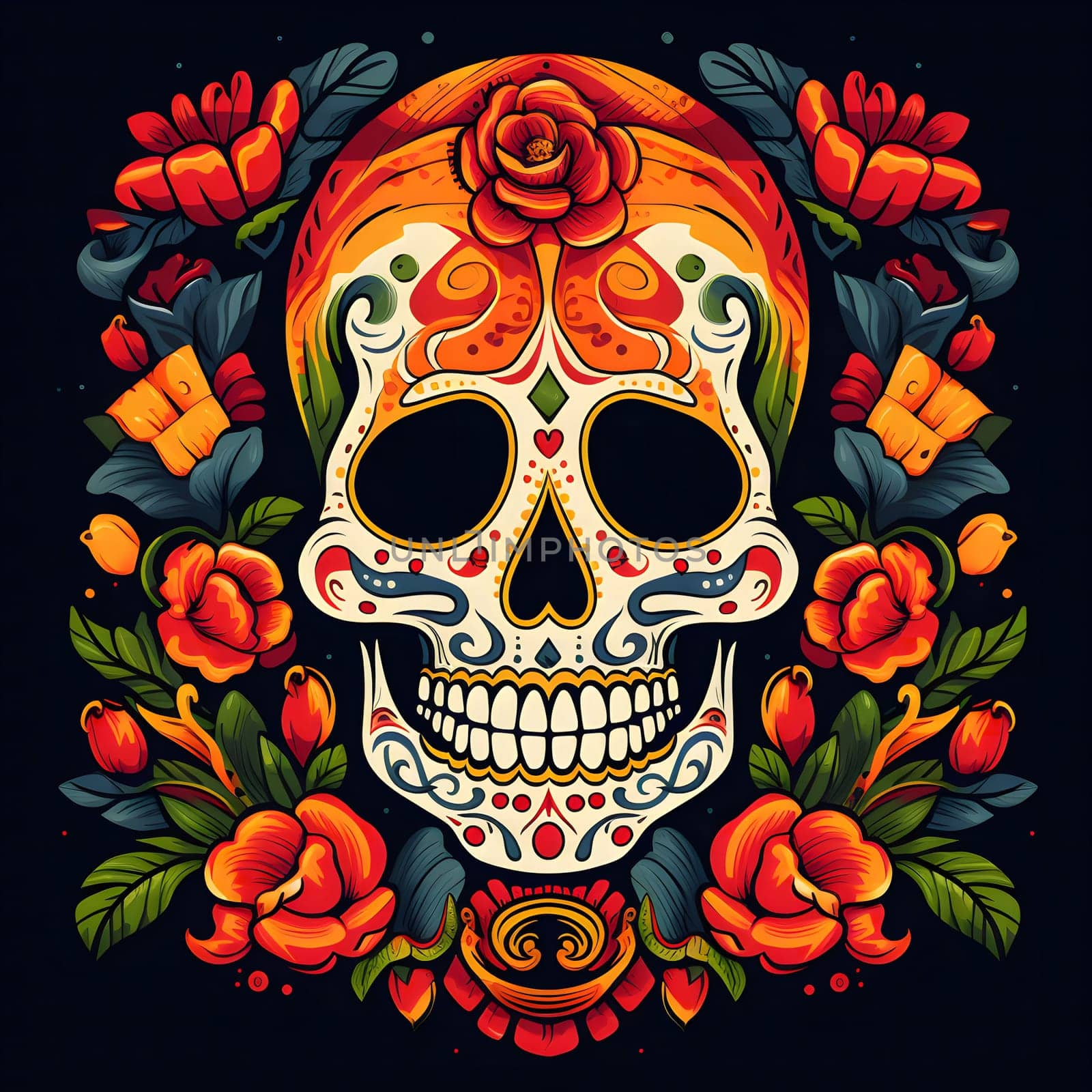 A colorful sugar skull illustration surrounded by vibrant flowers, capturing the essence of Day of the Dead traditions.