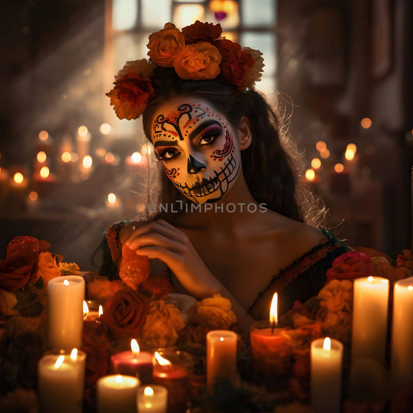 A young woman with Day of the Dead makeup, she's wearing a flower crown and posing in front of a dark backdrop