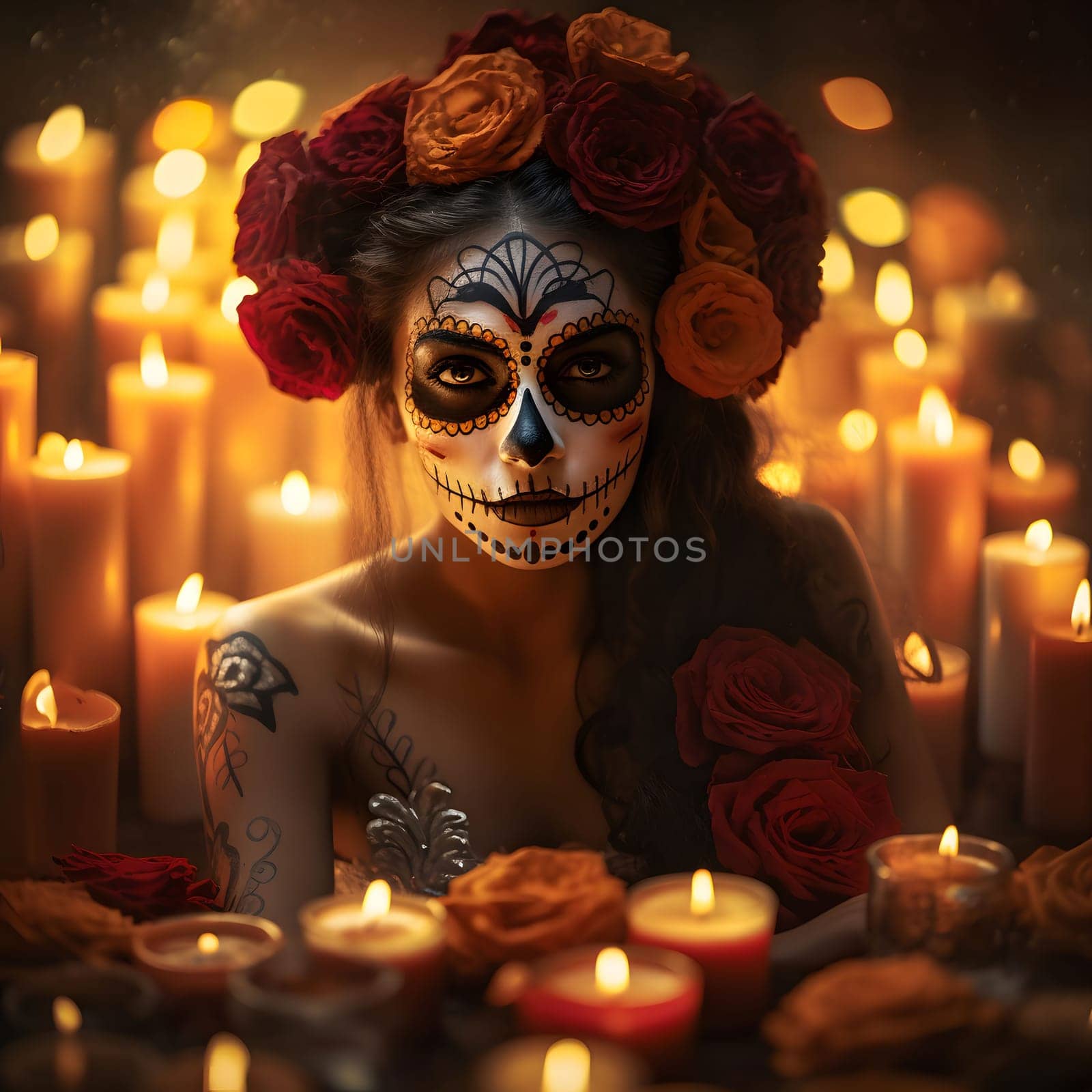 A woman with intricate skull makeup, day of the dead inspired.