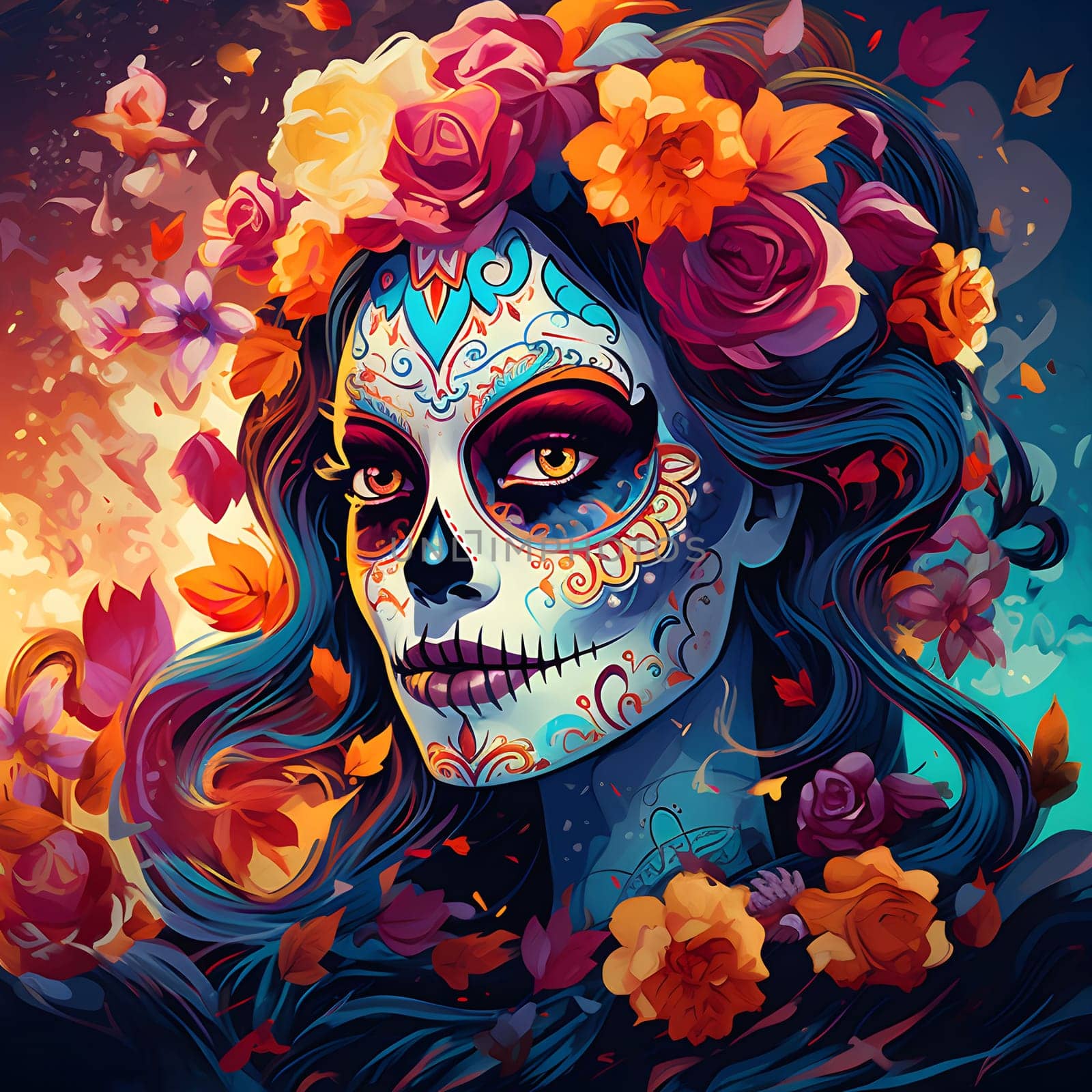 A close-up illustration of a sugar skull with flowers around her head