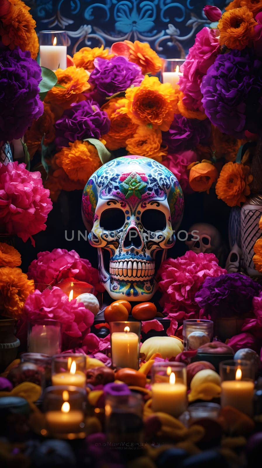 A colorful Day of the Dead altar with a sugar skull, candles, and flowers. This tradition is a celebration of life and death, remembering loved ones who have passed.