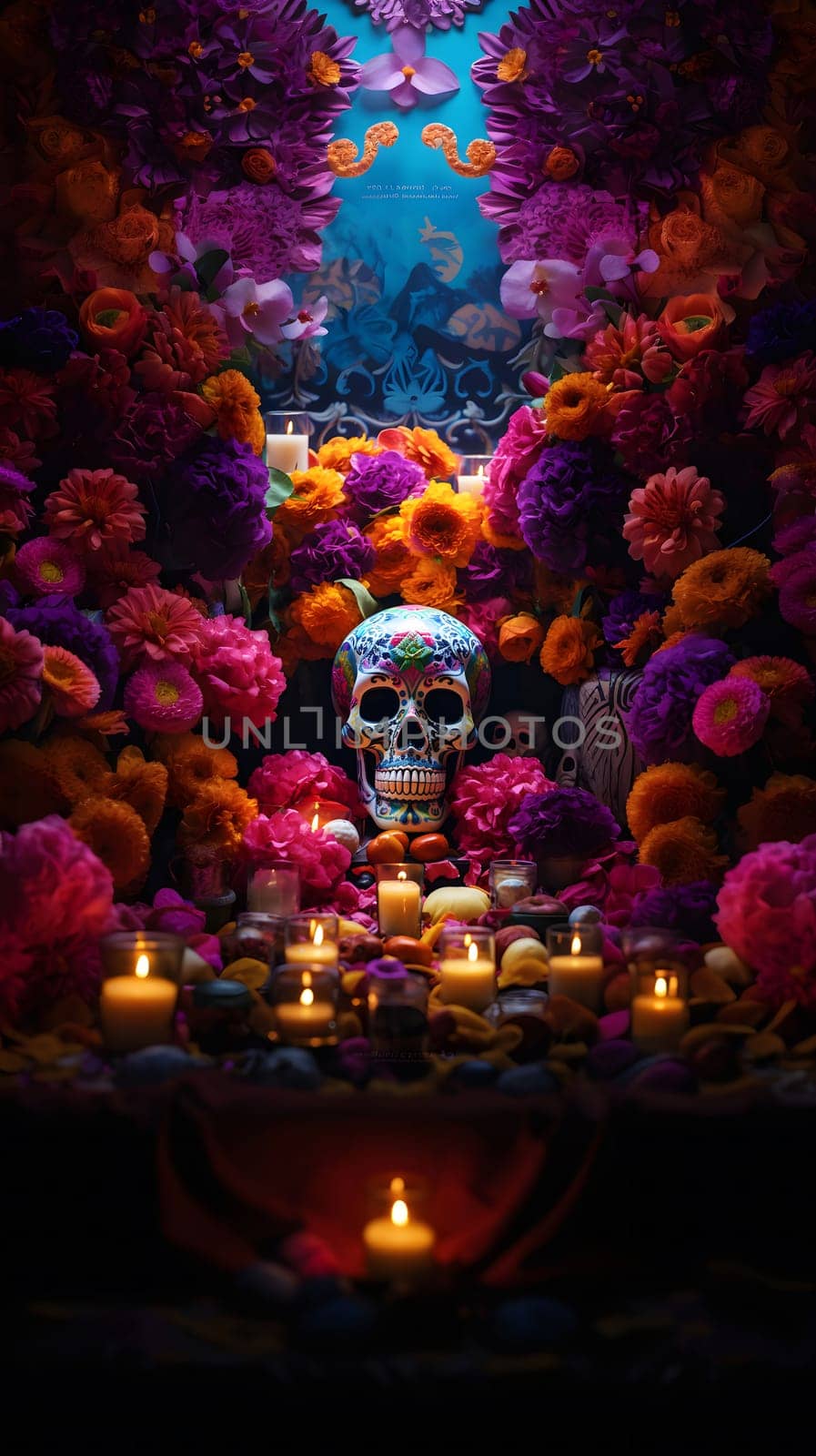 A Day of the Dead altar adorned with colorful flowers, candles, and a sugar skull.