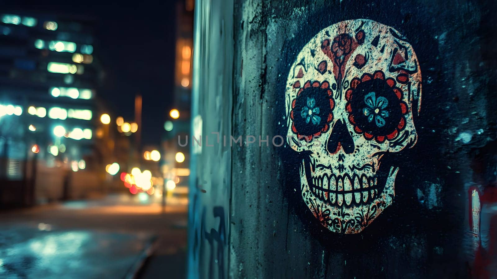 A vibrant sugar skull graffiti art on a wall in an urban setting at night.