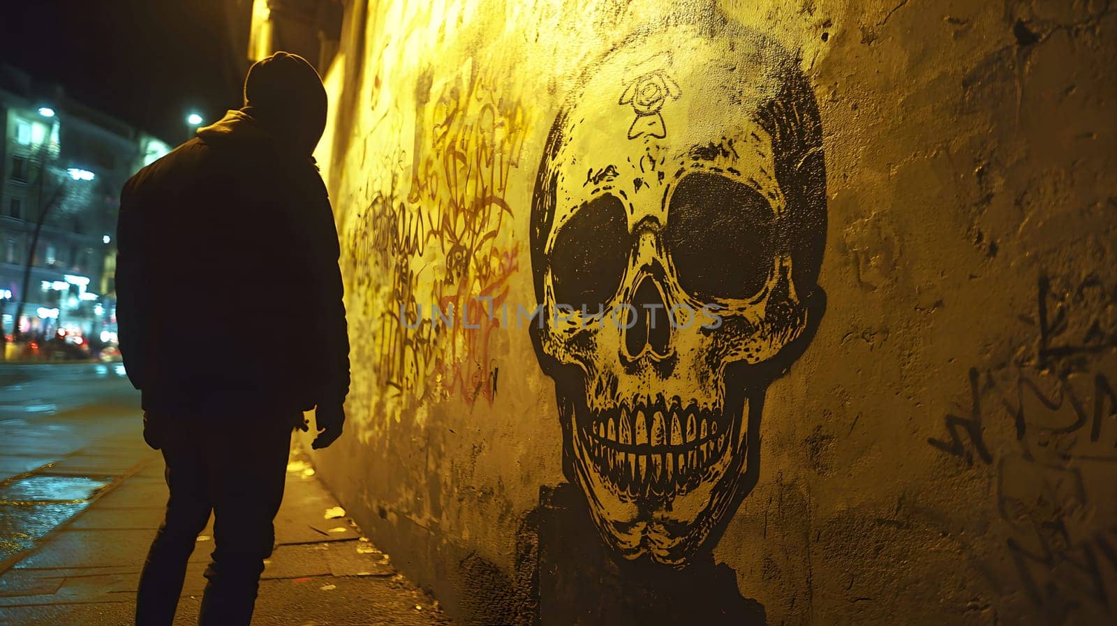 A silhouette of a person walks past a large skull graffiti on a wall in an urban environment at night.