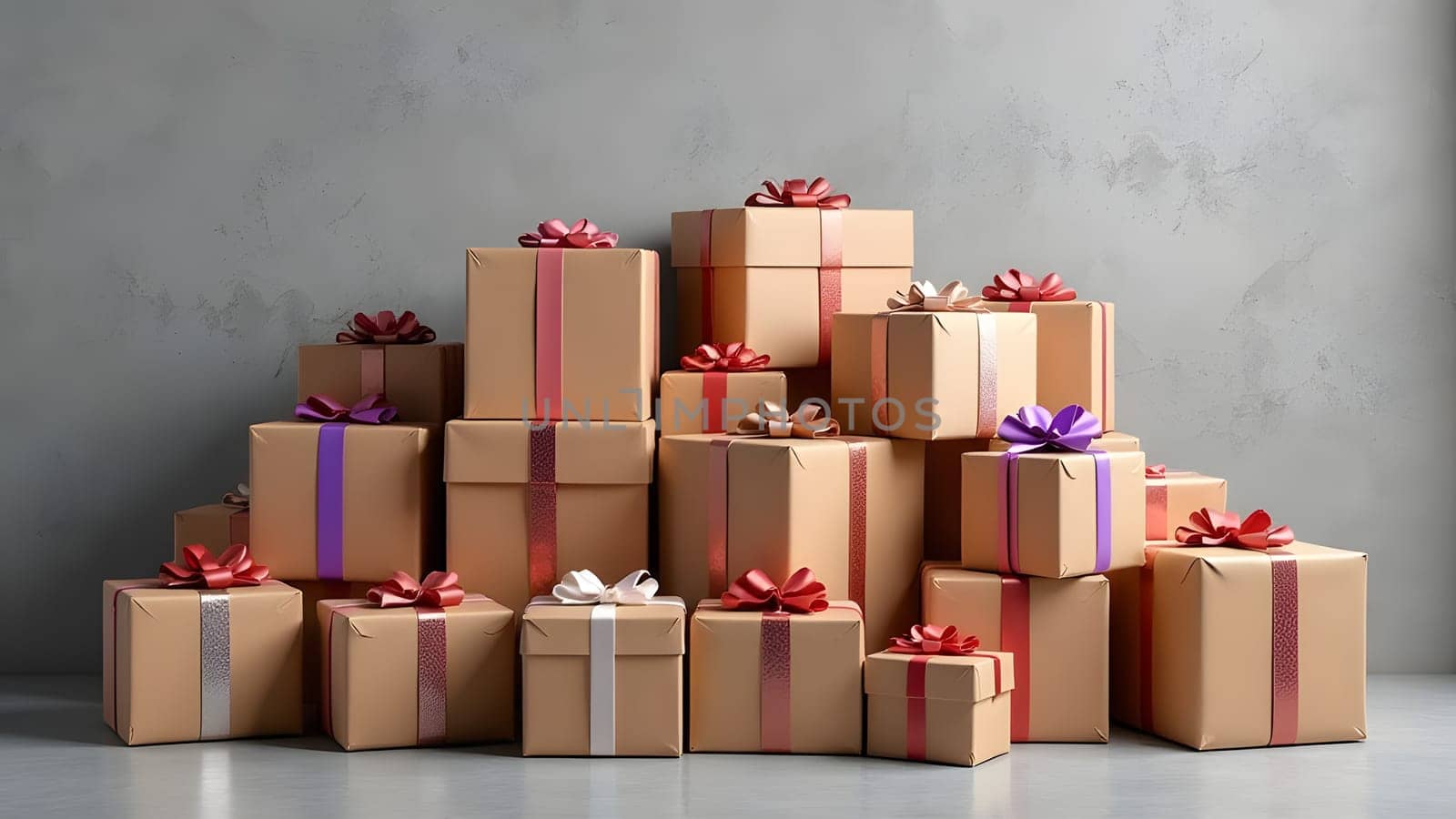 pile of wrapped christmas gifts on blue background, generative ai. High quality photo