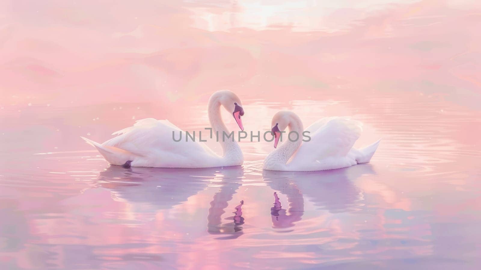 Two intertwined swans gracefully swim on a tranquil lake during sunset, creating a romantic and peaceful atmosphere. soft pastel colors illuminate their elegant forms, making it ideal for a valentine's day greeting card design.