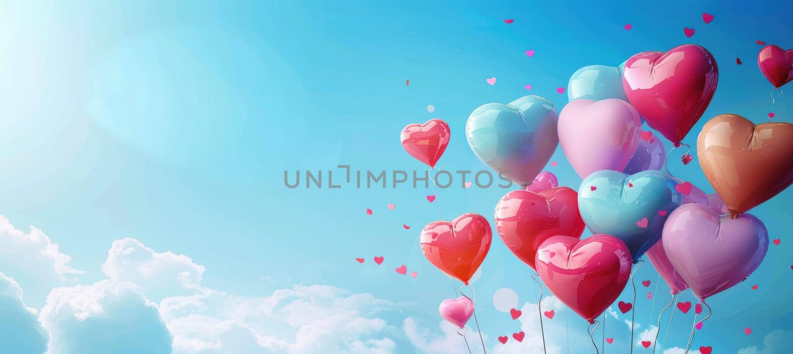 Colorful heart-shaped balloons float against a bright, blue sky with scattered fluffy clouds. the cheerful, fun valentine's day theme offers space for text, making it ideal for greeting cards or festive digital designs.