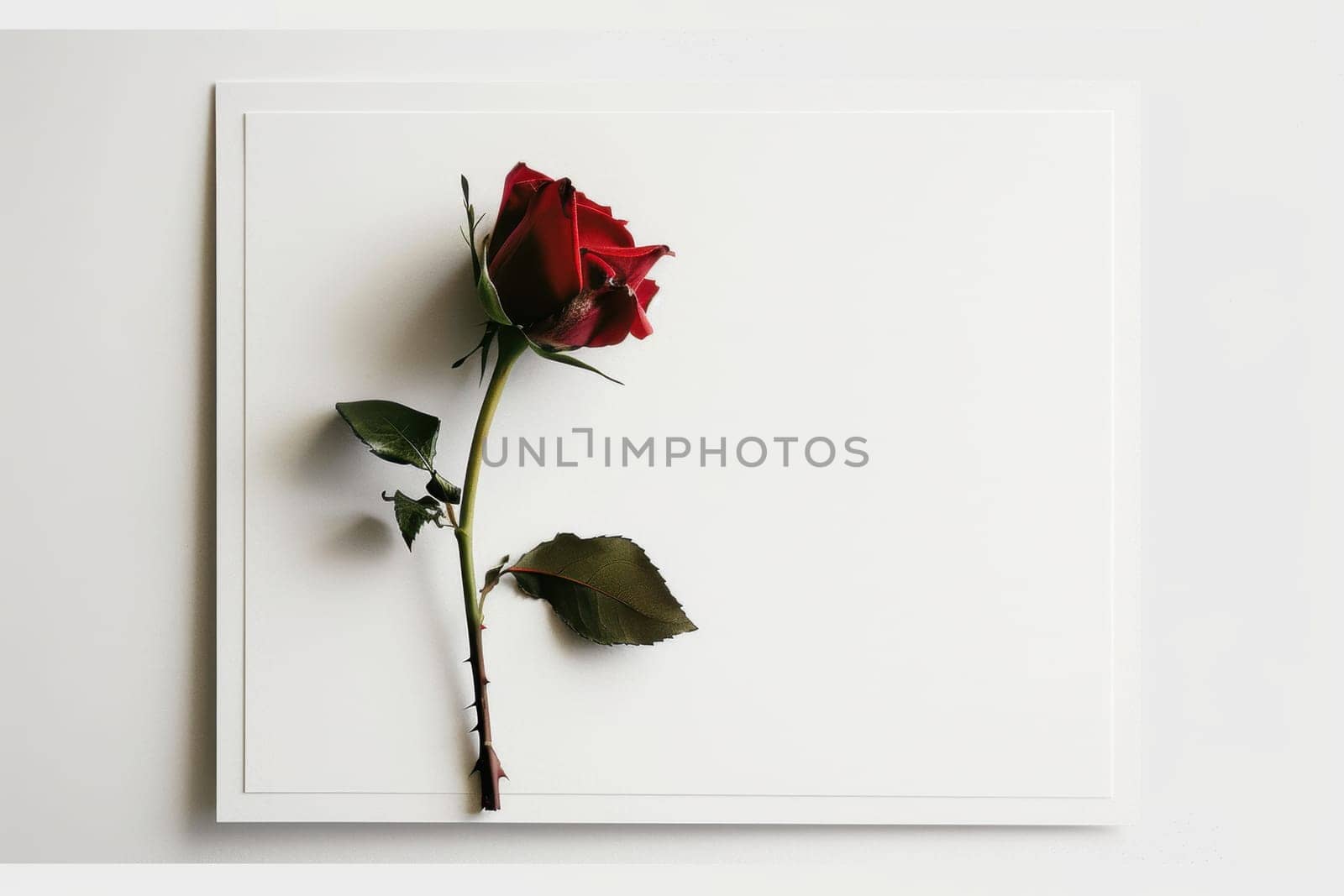A minimalist valentine's day card showcasing a single red rose on a white background, highlighted by subtle gold accents along the edges. this timeless design exudes elegance and sophistication, ideal for conveying love.