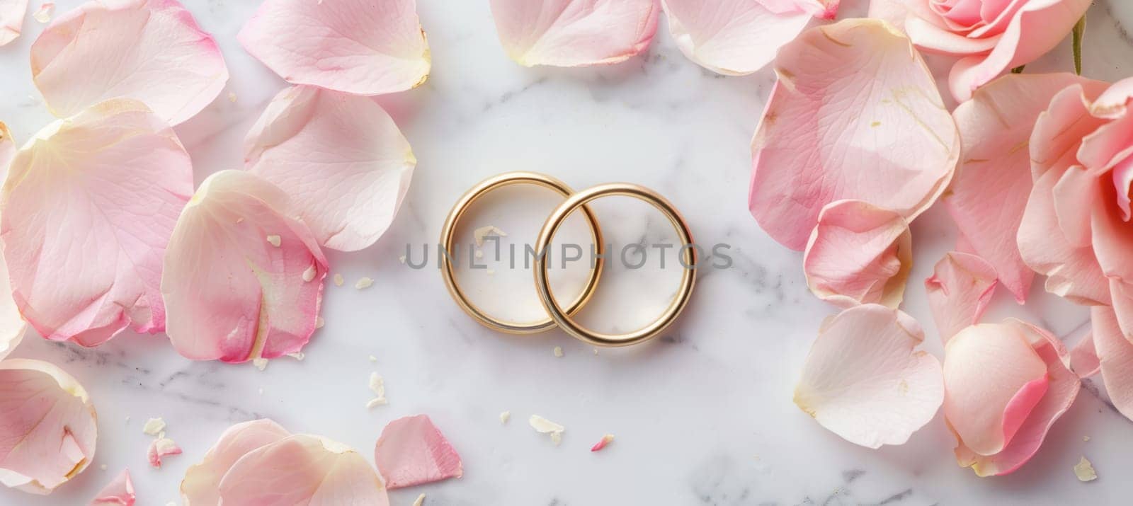 Elegant design featuring two interlocking gold rings on a white marble background, adorned with soft pink rose petals. perfect for romantic occasions such as valentine's day, anniversaries, or wedding invitations.
