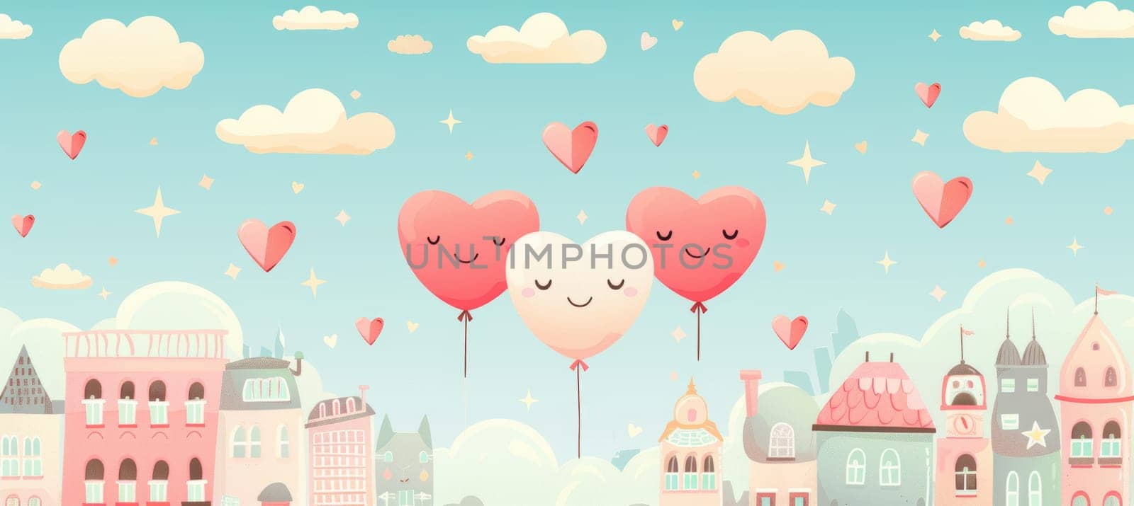 Cheerful valentine's day-themed banner showcasing cartoon-style heart-shaped balloons floating over a pastel cityscape. smiling clouds and heart-shaped stars fill the sky, enhancing the fun and playful atmosphere.