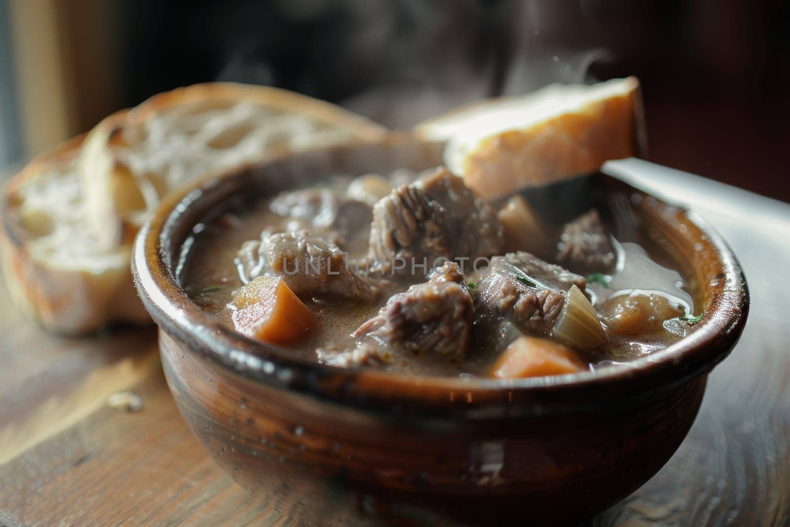 Steaming irish lamb stew, rich in flavors, served in a rustic bowl on a wooden table. accompanied by crusty soda bread, this hearty dish epitomizes traditional irish cuisine, perfect for a st. patrick's day feast.