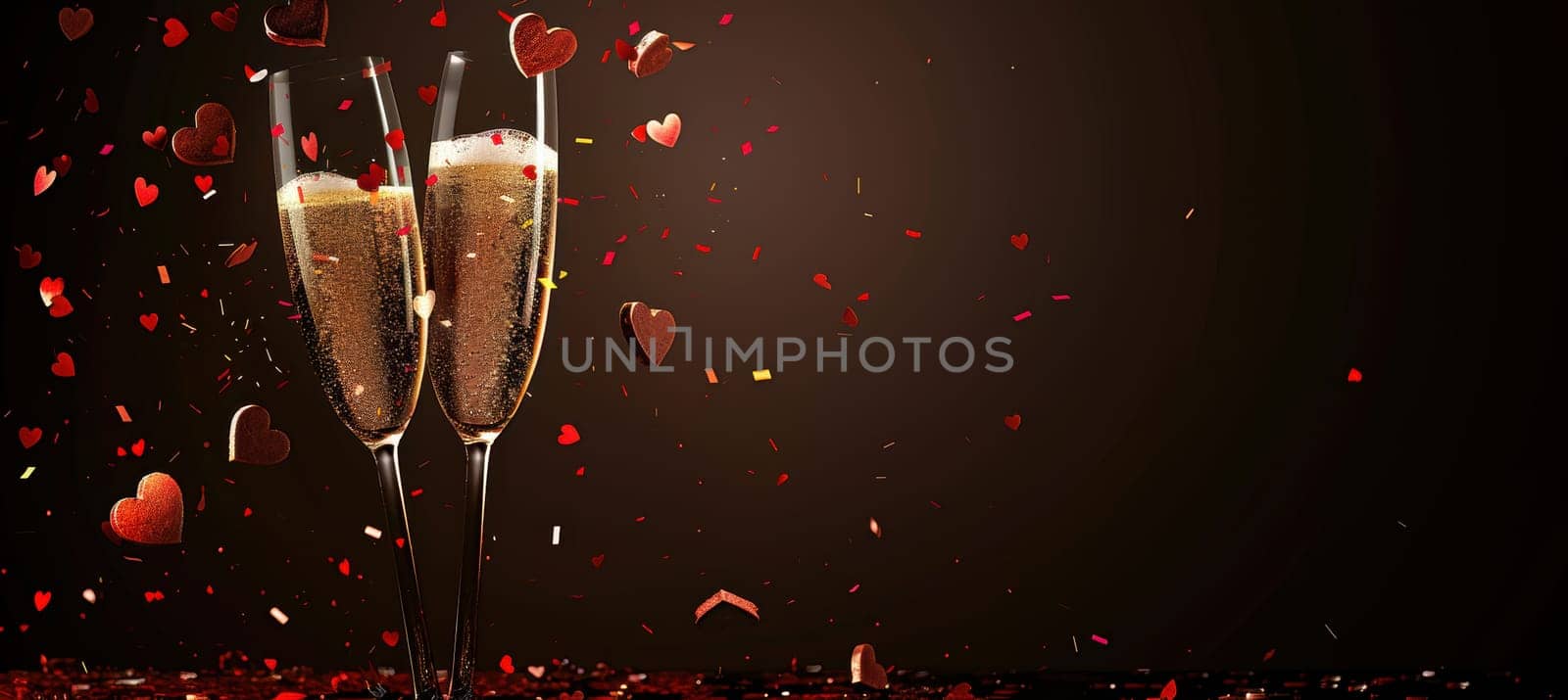 Champagne flutes clink amid falling heart-shaped confetti against a dark, elegant background, evoking romance and celebration. ideal for valentine's day designs in print, posters, and banners.