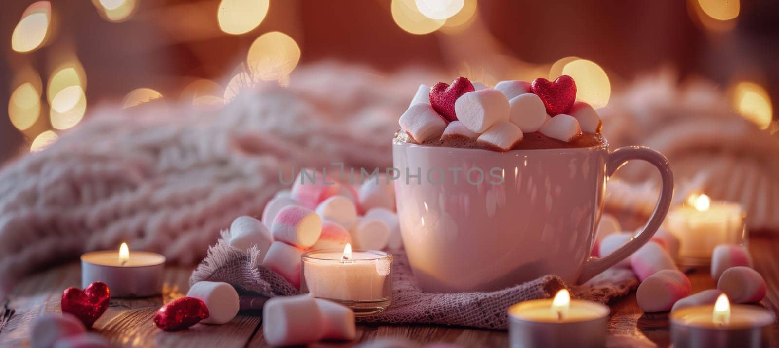 Warm scene featuring a cup of hot chocolate with heart-shaped marshmallows amidst glowing candles and soft lights. ideal for valentine's day designs, providing a cozy, romantic ambiance with ample space for text.