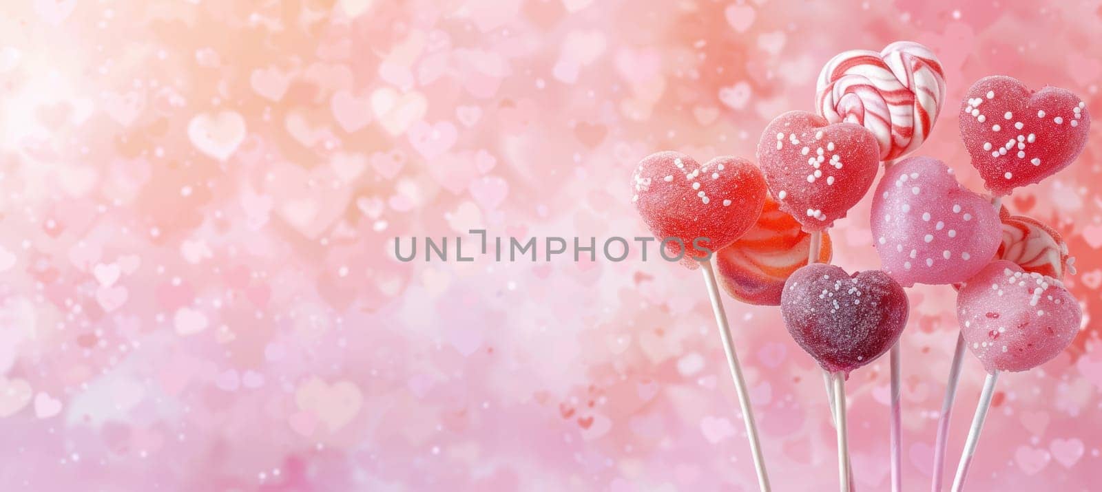Heart-shaped lollipops arranged in a bouquet against a soft pink, bokeh-filled background, perfect for valentine's day-themed designs. the playful and whimsical setup offers ample space for text.