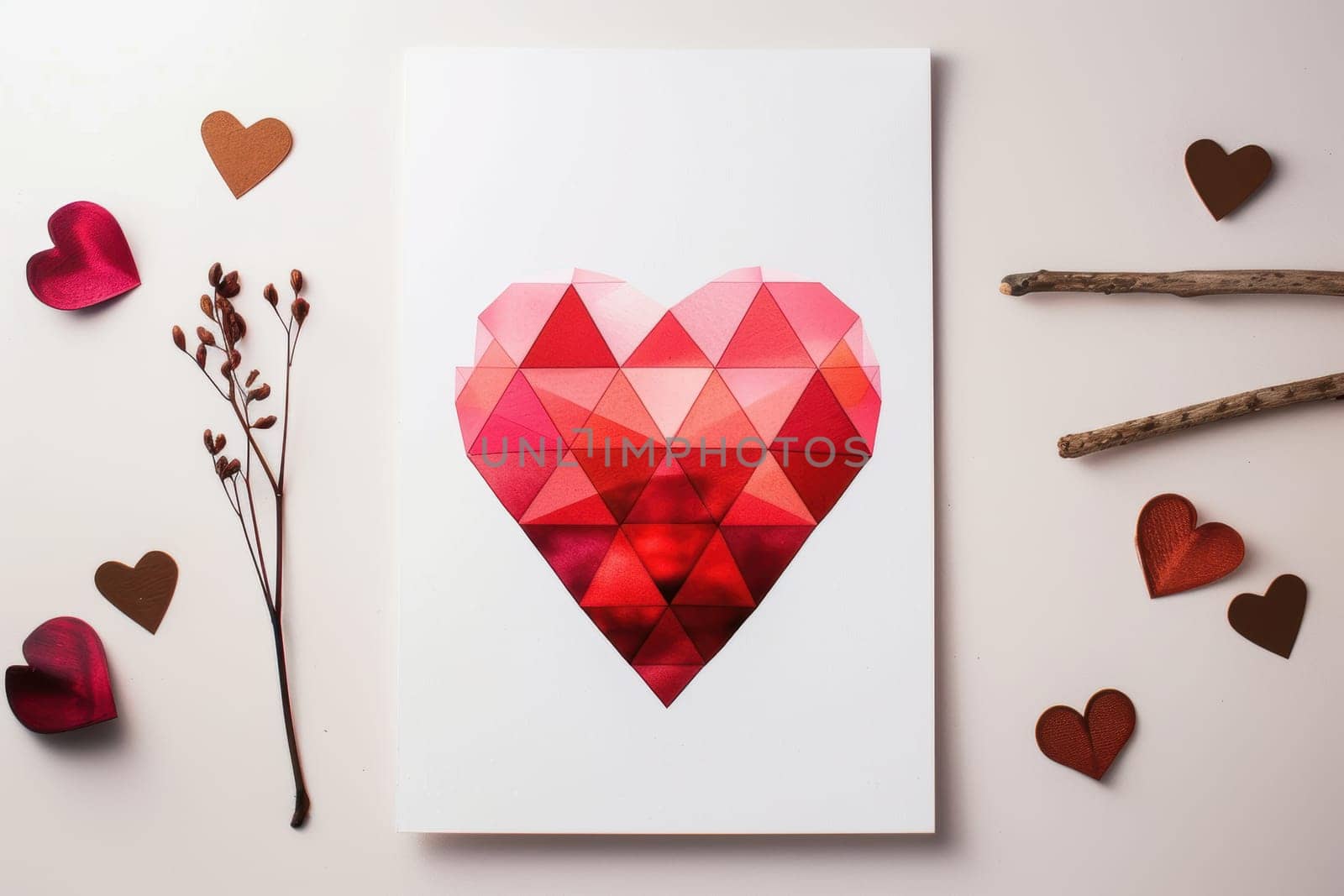 A contemporary valentine's day card featuring a geometric heart design with red and pink triangles. accented by dried branches and heart-shaped cutouts, the layout is perfect for a stylish and minimal aesthetic.