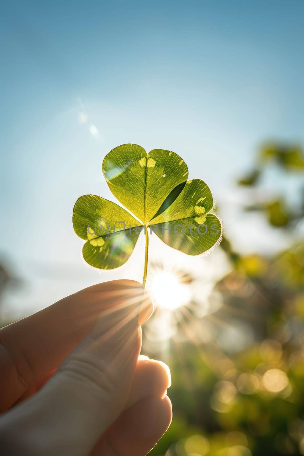 A close-up view of a four-leaf clover held up to the sky, symbolizing good luck and the essence of st. patrick's day, with soft sunlight illuminating its leaves and creating a warm, hopeful atmosphere.