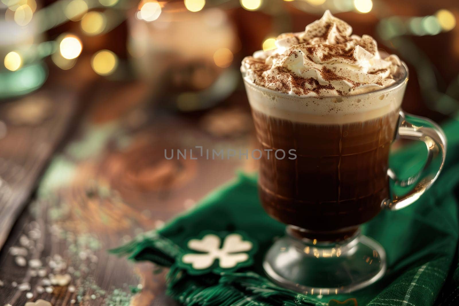 Irish coffee adorned with whipped cream and nutmeg, served in a cozy café setting. a festive shamrock napkin adds charm, embodying the warmth and cheer of st. patrick's day festivities.