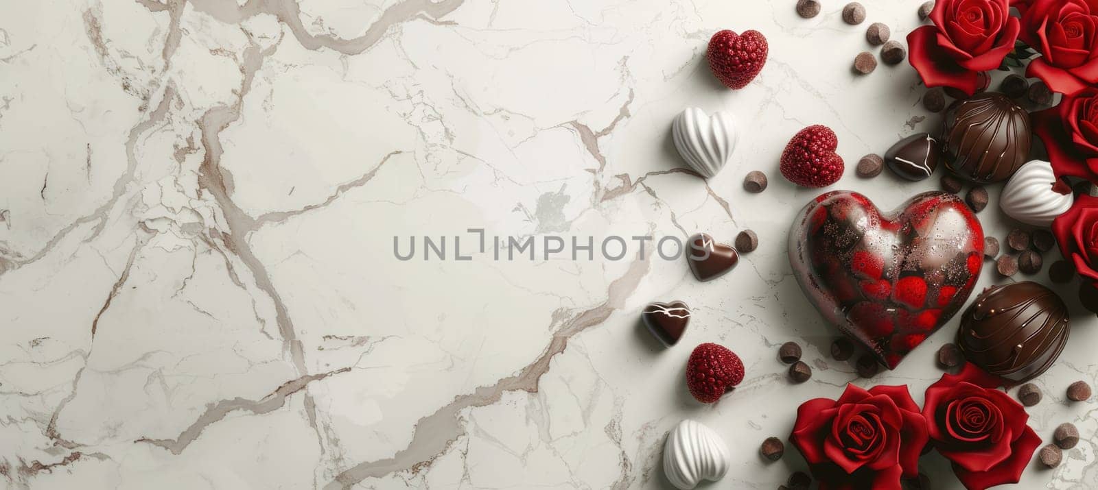 Luxurious valentine's day banner showcasing a heart-shaped arrangement of chocolates and vibrant red roses on a marble surface. soft lighting enhances the rich colors, perfect for romantic designs, cards, or posters.