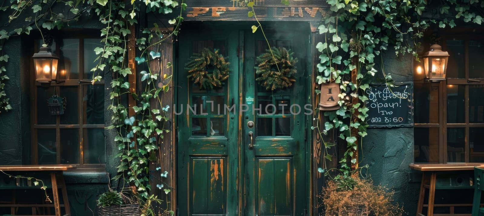 Rustic irish pub entrance decorated with green garlands, shamrock symbols, and a welcoming chalkboard. inviting ambiance for st. patrick's day festivities, perfect for posters and event promotions.
