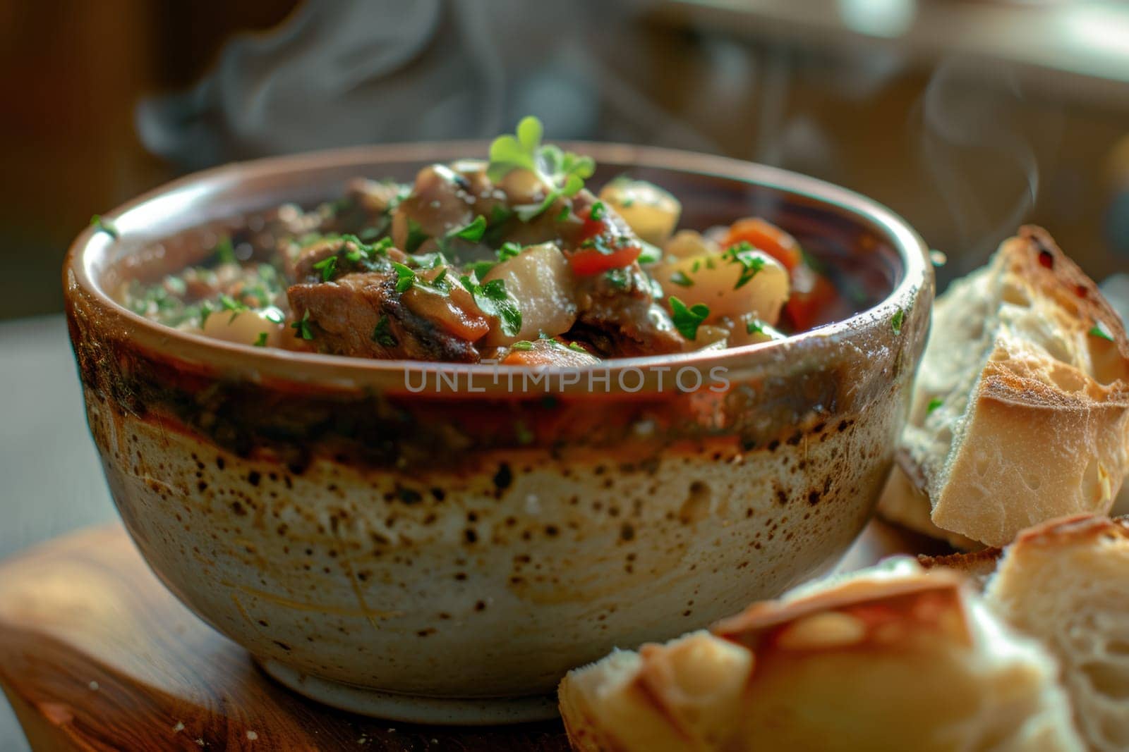 Steaming hot irish lamb stew served in a rustic bowl, accompanied by crusty soda bread on a wooden table. this traditional dish, perfect for st. patrick's day, evokes warmth and authentic irish cuisine.