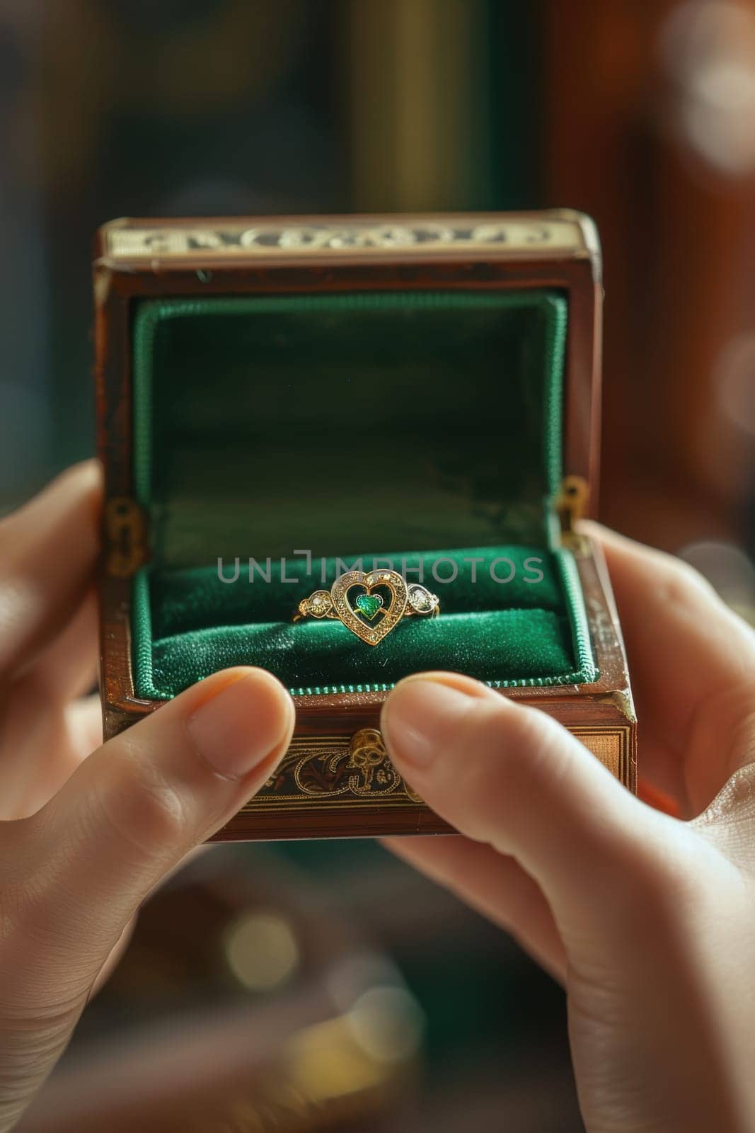 A detailed close-up of a traditional irish claddagh ring in a jewelry box with green satin lining and shamrock-themed accents. the ring embodies love, loyalty, and friendship, making it a meaningful gift.