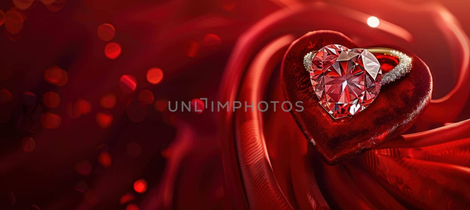 A luxurious close-up of a diamond ring in a red velvet heart-shaped box, illuminated by soft, ambient lighting. the rich background and elegant presentation make it ideal for romantic valentine's day-themed designs.