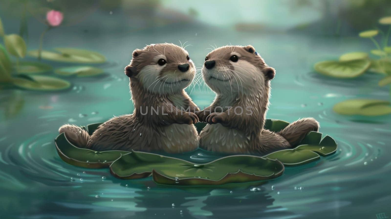 Adorable otters holding hands on a heart-shaped lily pad, set in a serene water environment. the charming scene conveys themes of love and romance, perfect for valentine's day celebrations and heartfelt greetings.