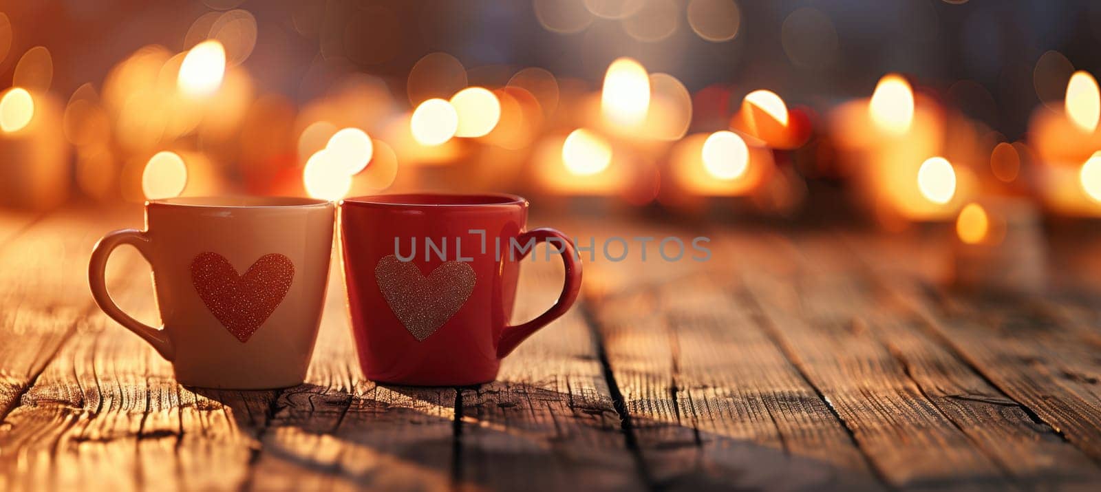 Romantic scene featuring two heart-adorned mugs on a wooden table, set against a backdrop of softly glowing candles. perfect for valentine's day themes, warmth, love, and intimate atmospheres.
