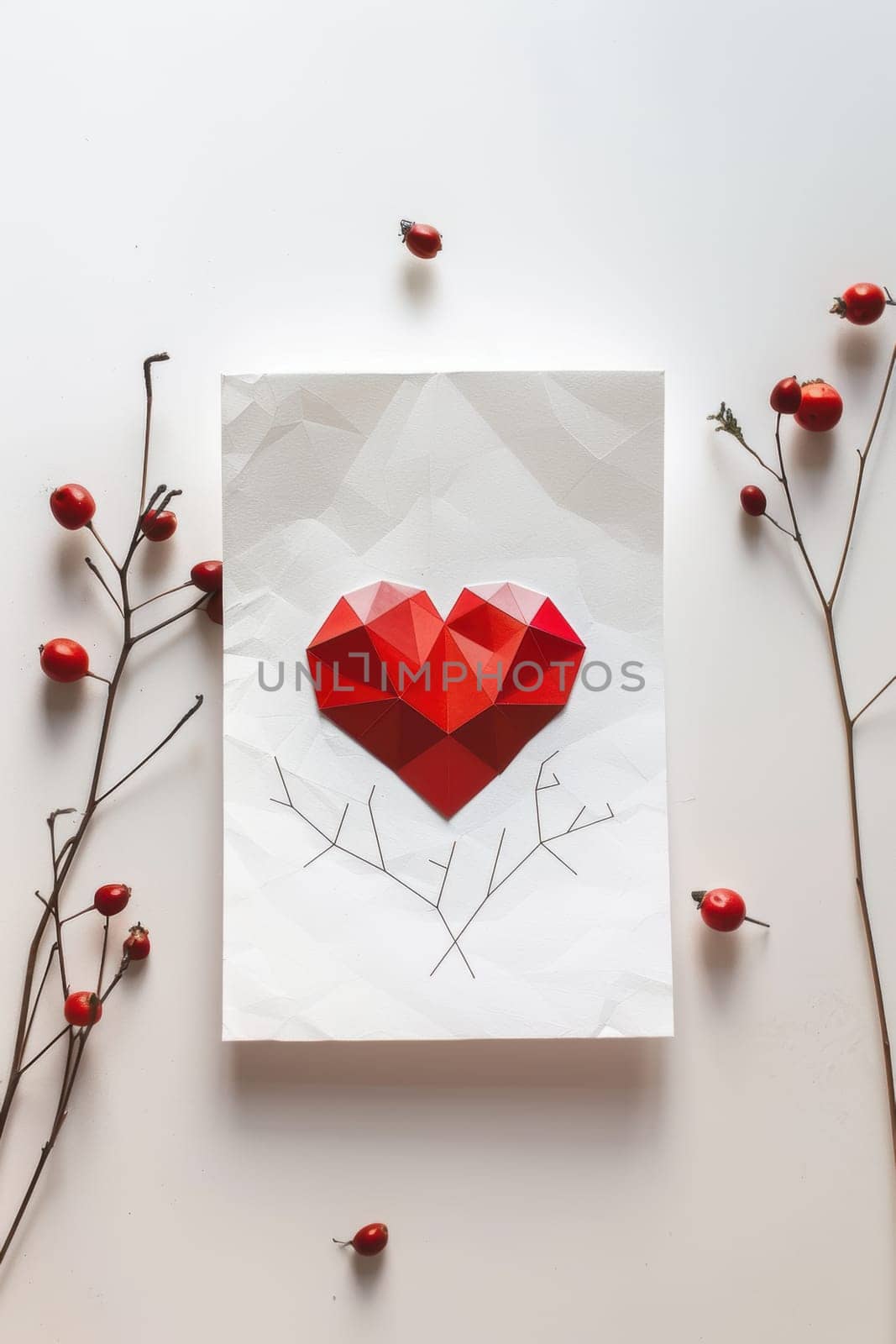 Geometric red heart on a clean white card symbolizes contemporary romance. surrounded by minimalist branches with berries, offering a stylish look perfect for valentine's day greetings or decor.