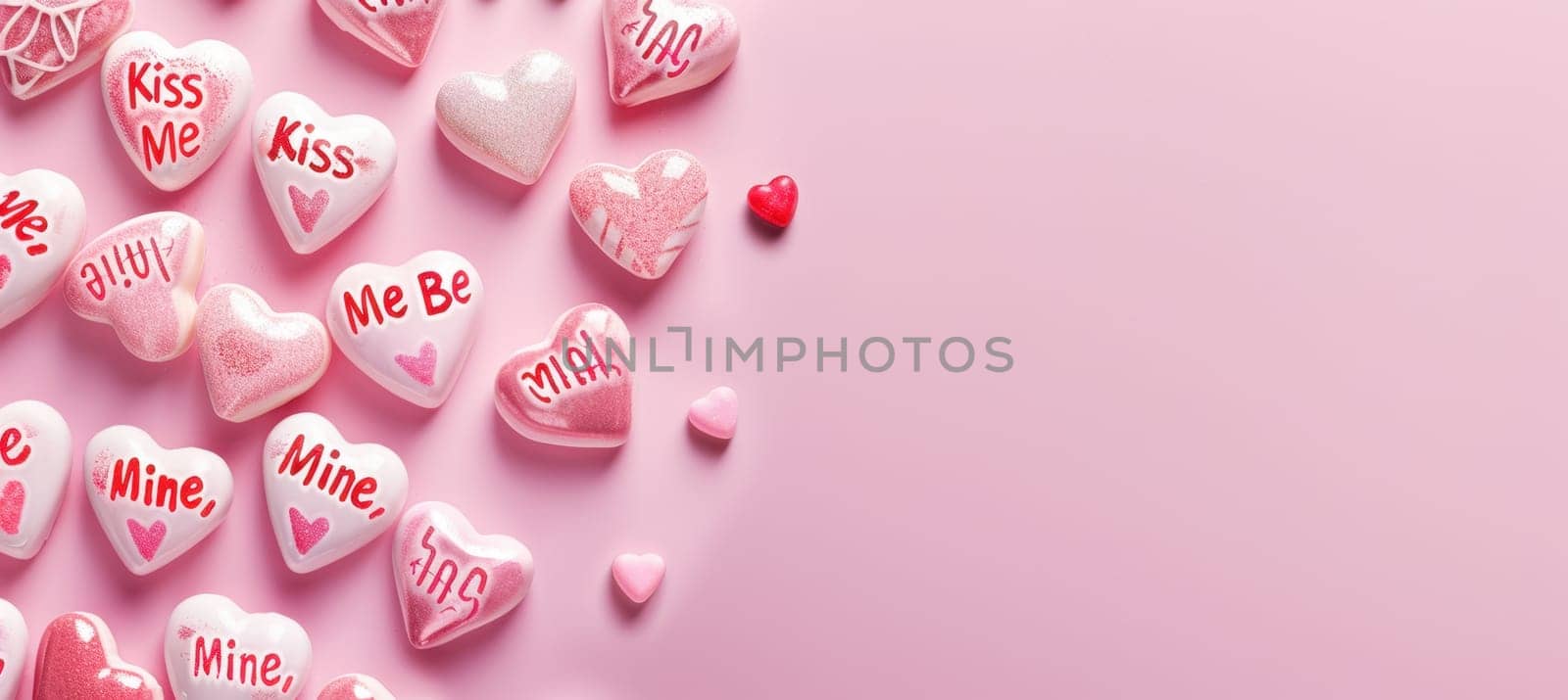 Heart-shaped candies with messages like "kiss me" and "be mine" arranged in a flat lay on a pastel pink background. this sweet and fun valentine's day design is ideal for holiday cards, posters, or festive decorations.