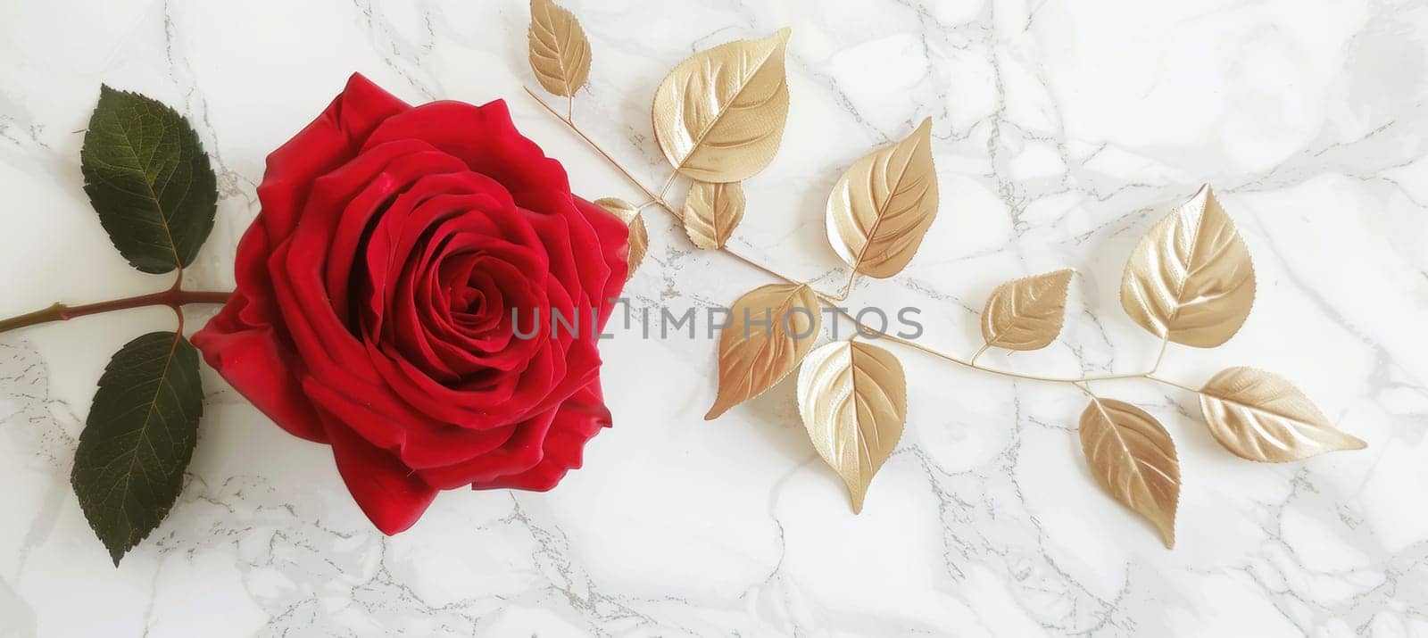 A classic valentine's day card featuring a vibrant red rose in full bloom, complemented by delicate gold leaves on a crisp white marble background. the design exudes simplicity and elegance, offering a luxurious touch.