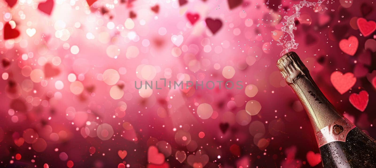 Celebrate valentine's day in style with a luxurious design featuring a champagne bottle popping open. heart-shaped confetti and bubbles create a festive and romantic atmosphere perfect for invitations or greeting cards.