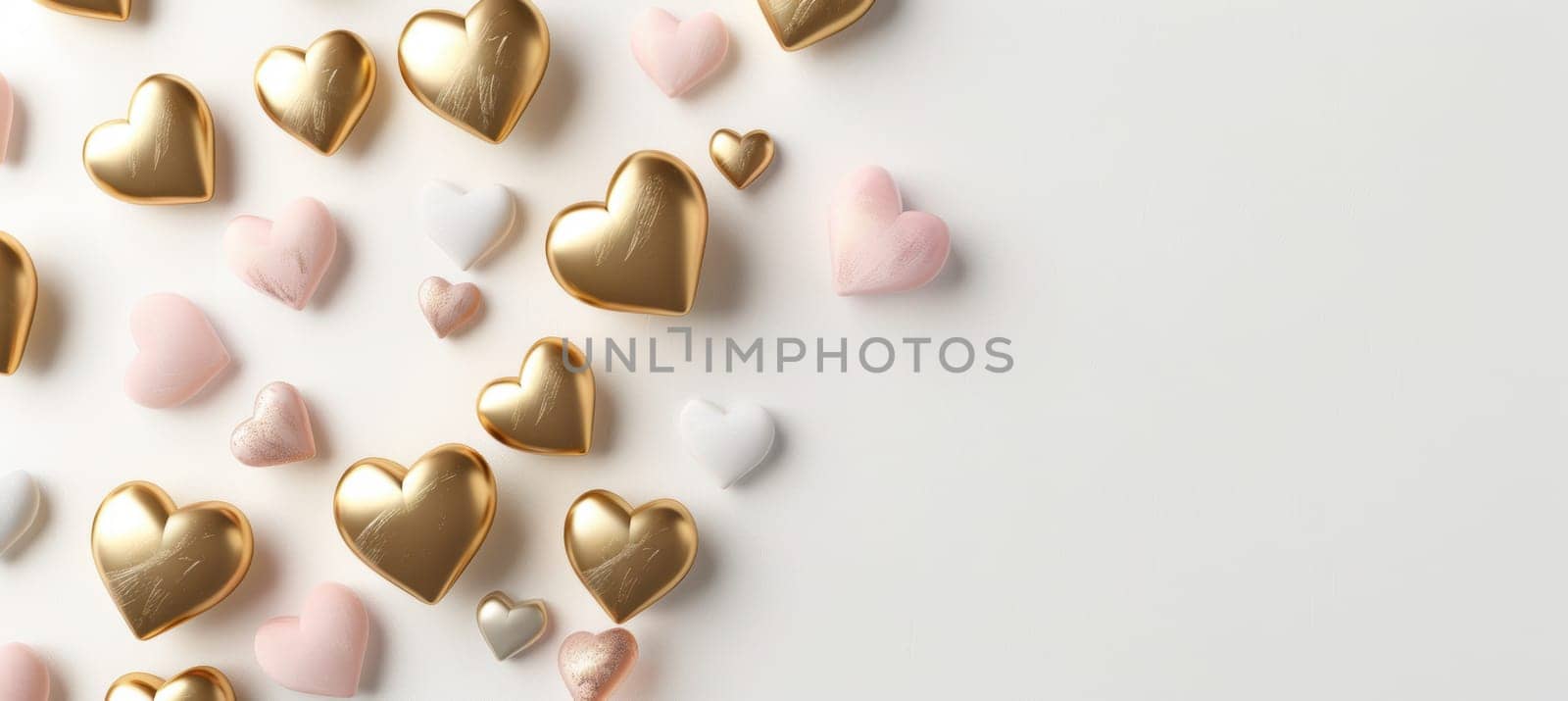 Minimalist valentine's day banner featuring gold and pink hearts on a white backdrop. the modern layout provides ample space for branding, making it ideal for promotional materials, cards, and posters.