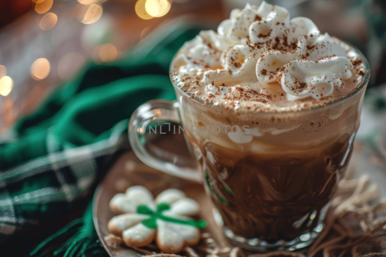 Traditional irish coffee topped with whipped cream and nutmeg in a cozy café setting. a festive shamrock napkin and cookie enhance the st. patrick's day atmosphere, adding to the warmth and celebration.