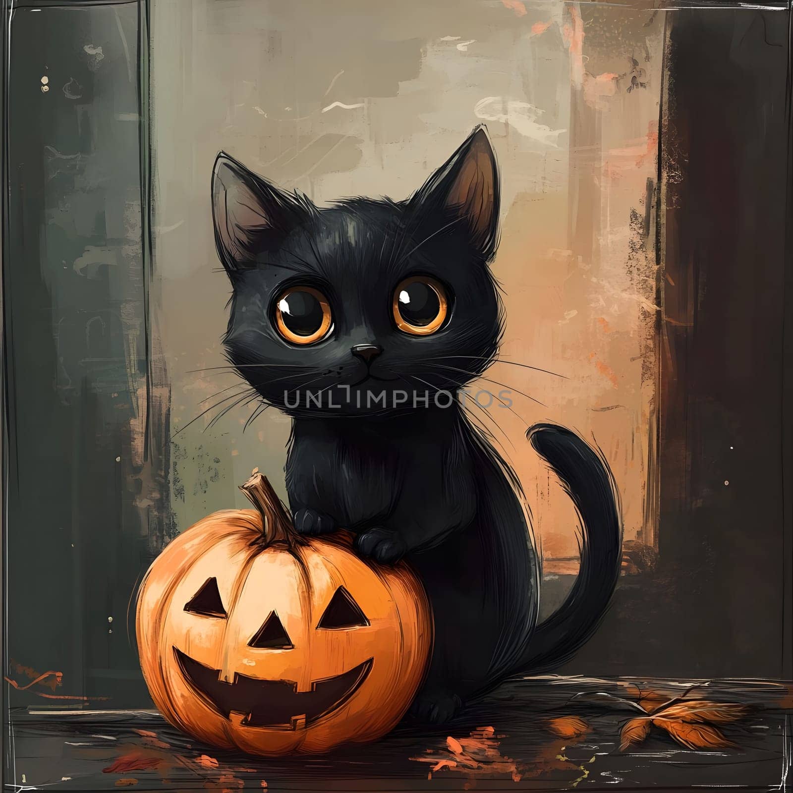 A cute black cat sits next to a carved pumpkin, a perfect Halloween illustration.