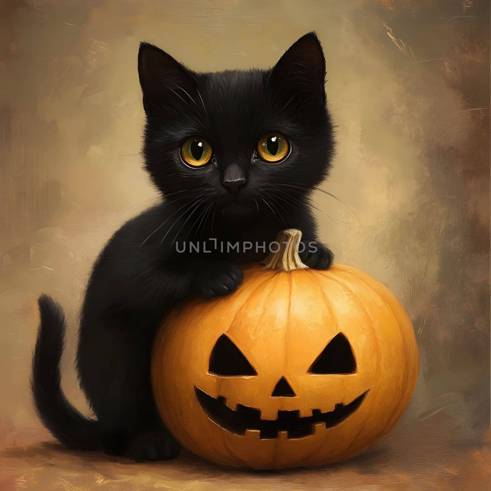 A black cat sits next to a jack-o-lantern, creating a classic Halloween scene.