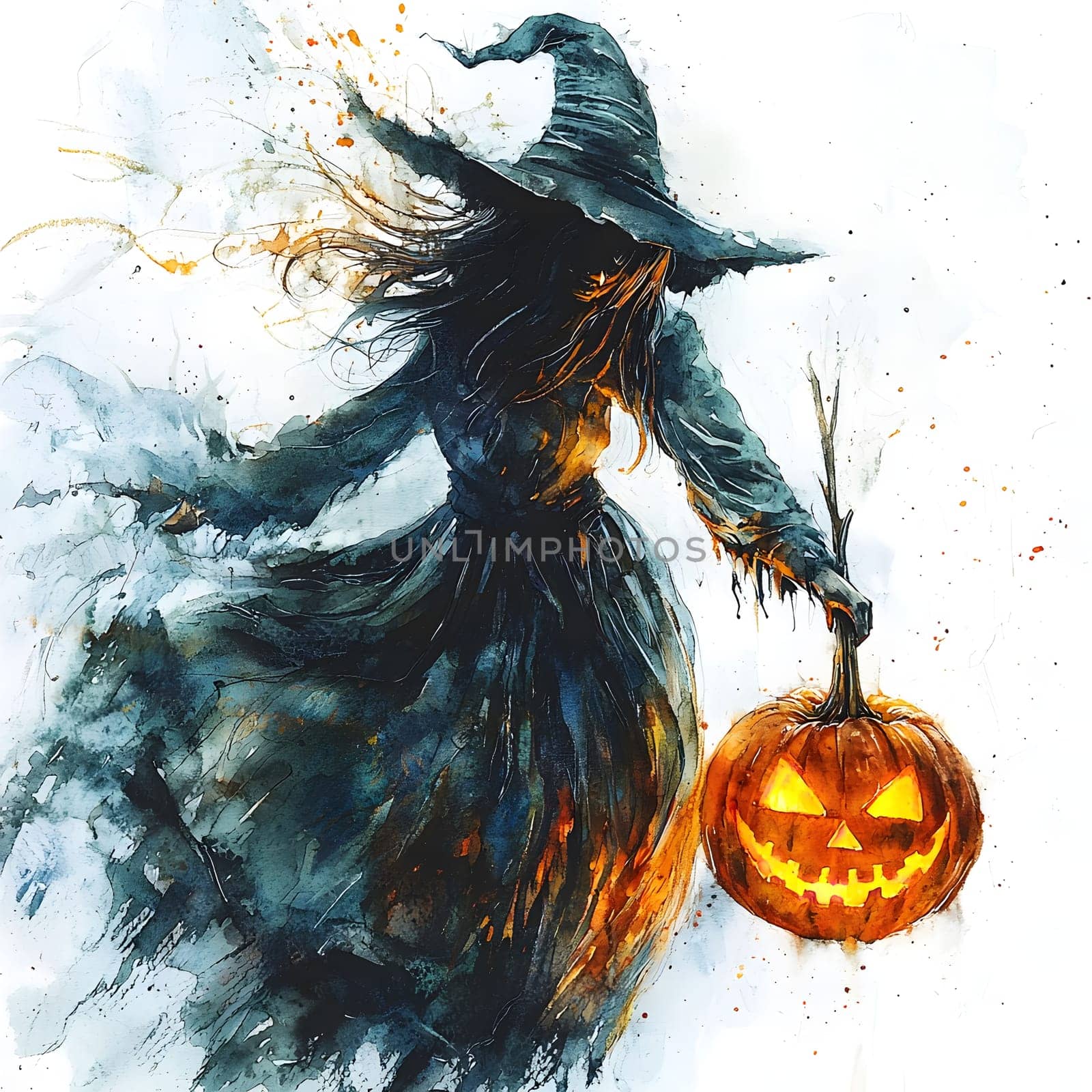 A watercolor illustration of a witch holding a jack-o-lantern in a spooky forest setting. The witch's flowing dress and dark hair add to the atmosphere, and the pumpkin is glowing with a sinister light.