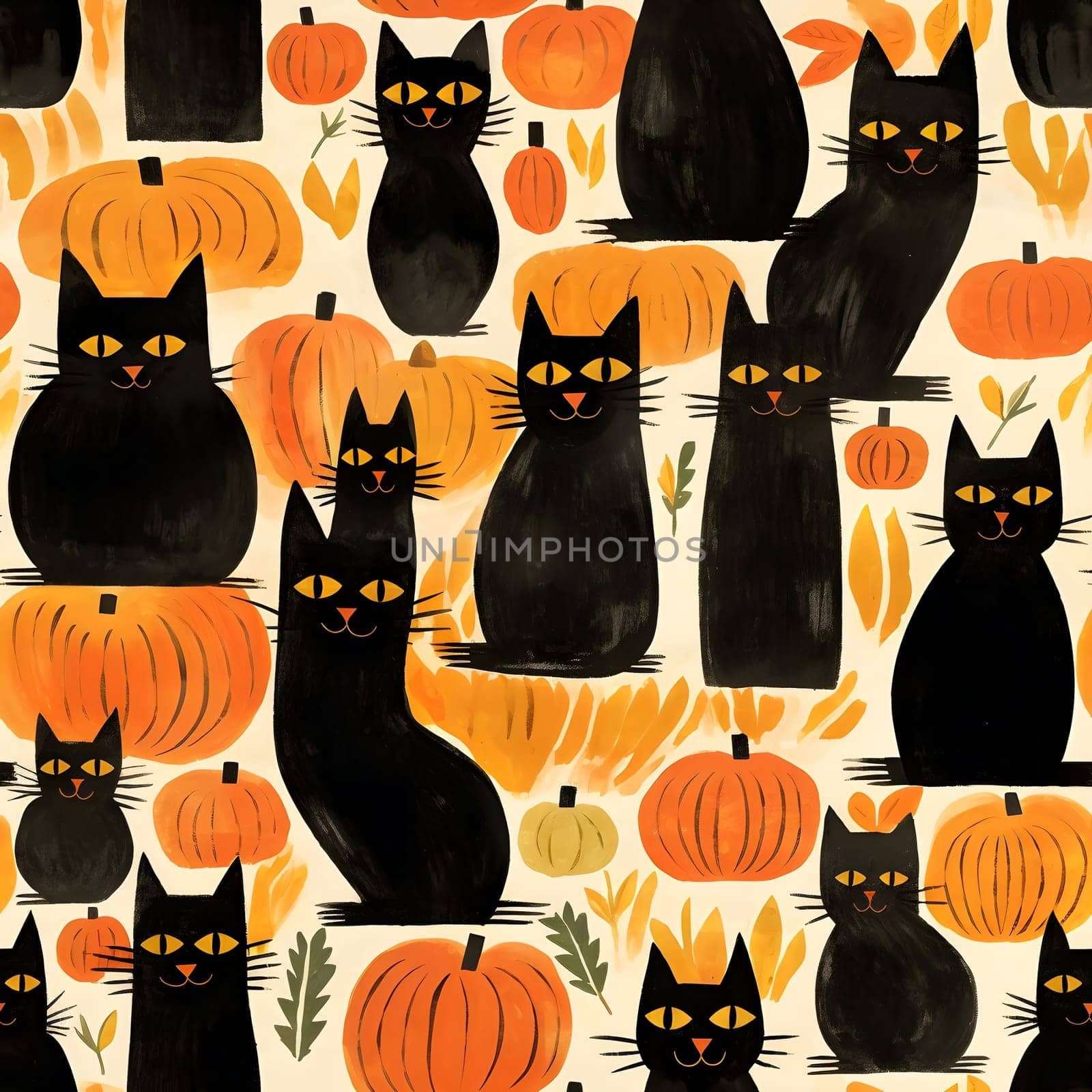 A colorful and playful pattern featuring black cats and pumpkins. This cute and festive design is perfect for Halloween and fall decor.
