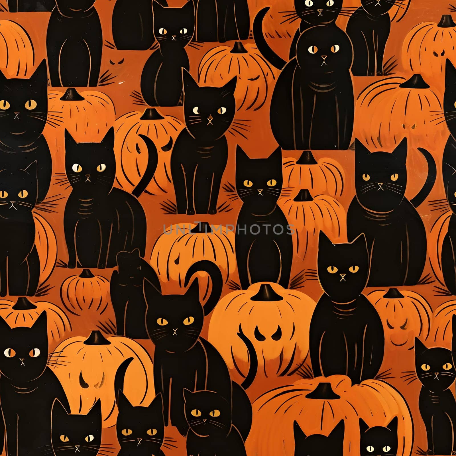An illustration of black cats among orange pumpkins for a spooky Halloween design.