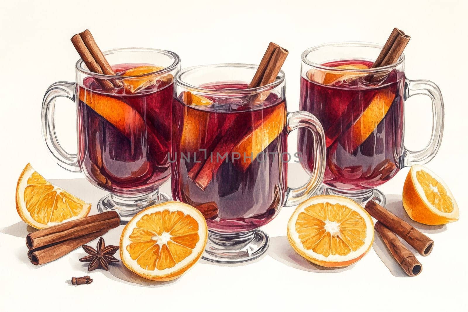 Image of three glasses of mulled wine on a light background. High quality photo