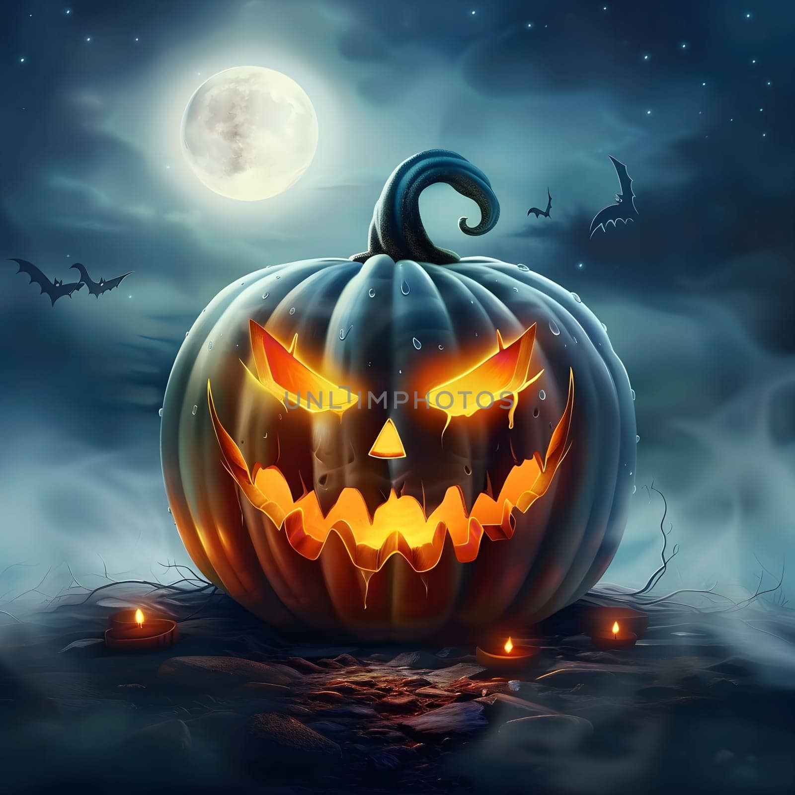 A jack-o-lantern with a scary face glows brightly under a full moon, surrounded by a dark, spooky night scene. It's perfect for Halloween decorations and adding a touch of eerie charm.