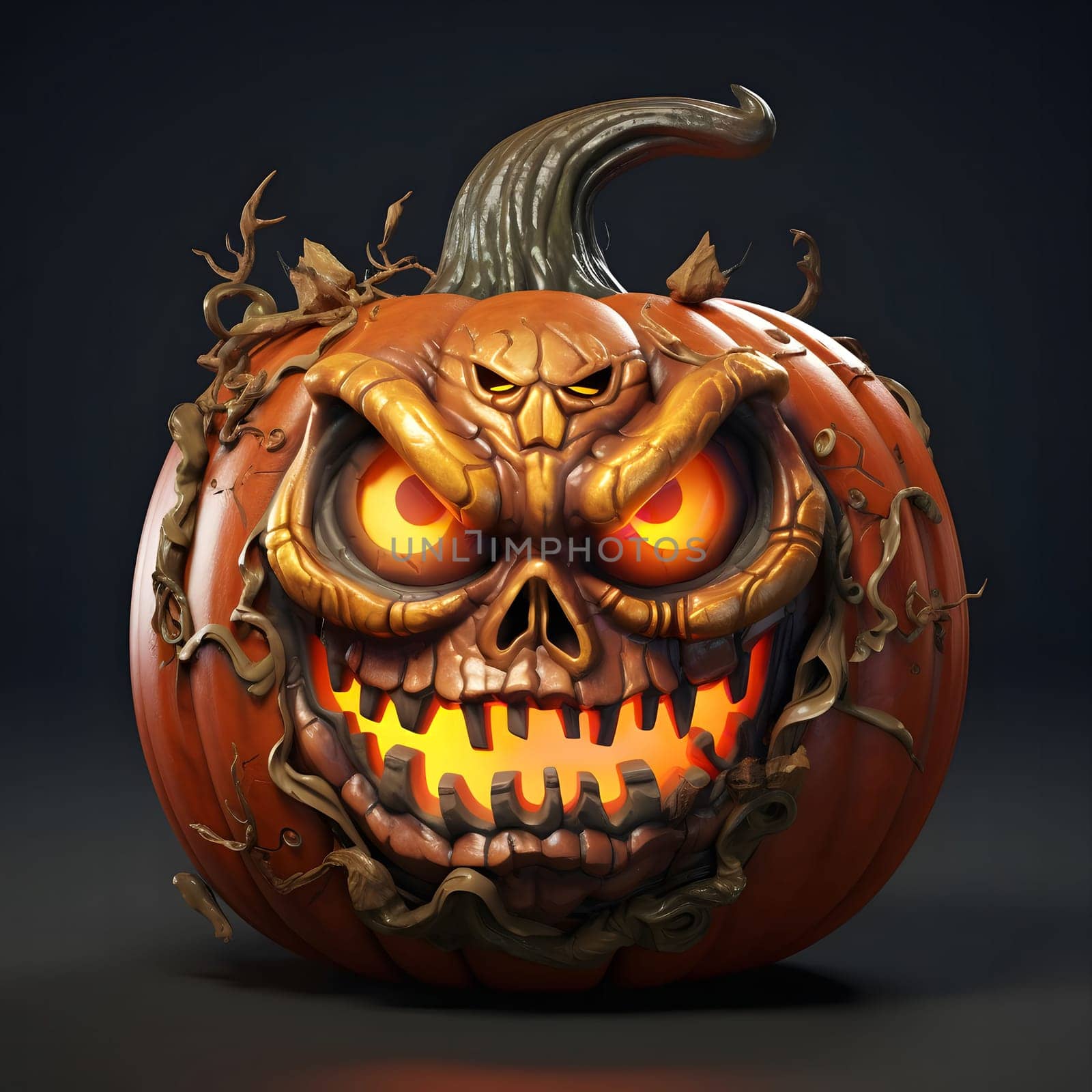 A menacing jack-o-lantern with glowing eyes and a toothy grin, carved from a pumpkin, a spooky Halloween decoration.