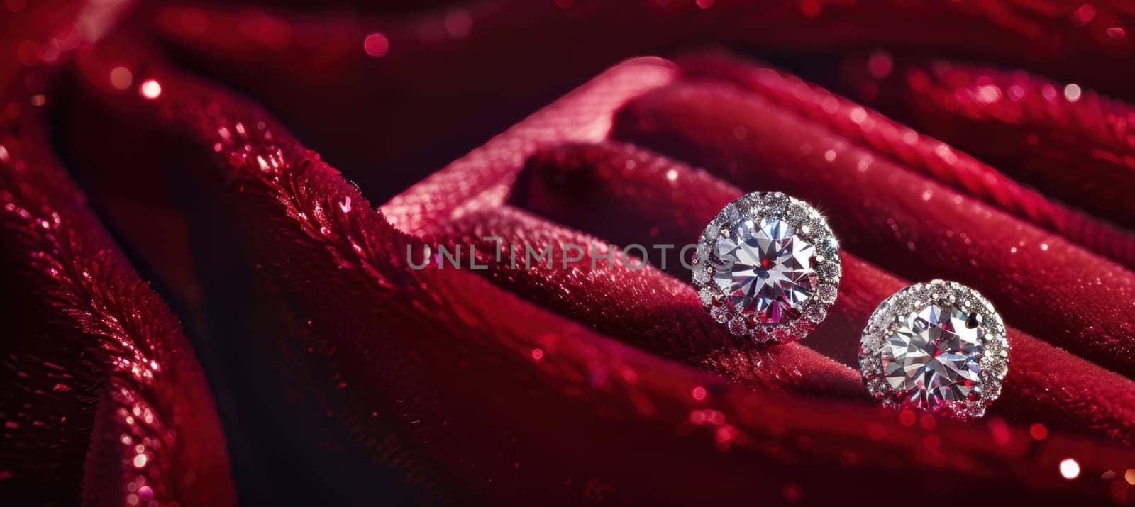 A close-up of radiant diamond earrings nestled in a plush red velvet box, illuminated by soft lighting for a luxurious valentine's day theme. this sophisticated design leaves ample space for a premium marketing message.