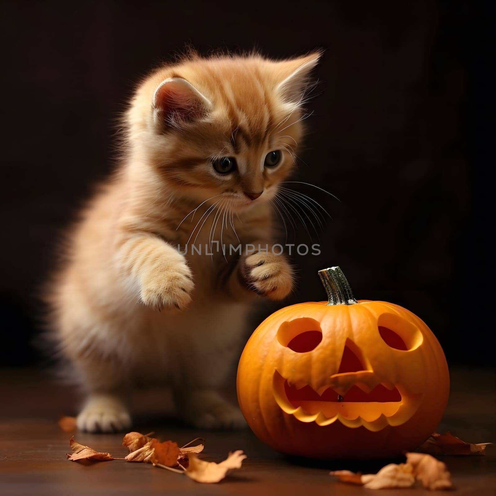 A cute kitten is looking at a carved pumpkin. The kitten is orange and white, and the pumpkin is orange.