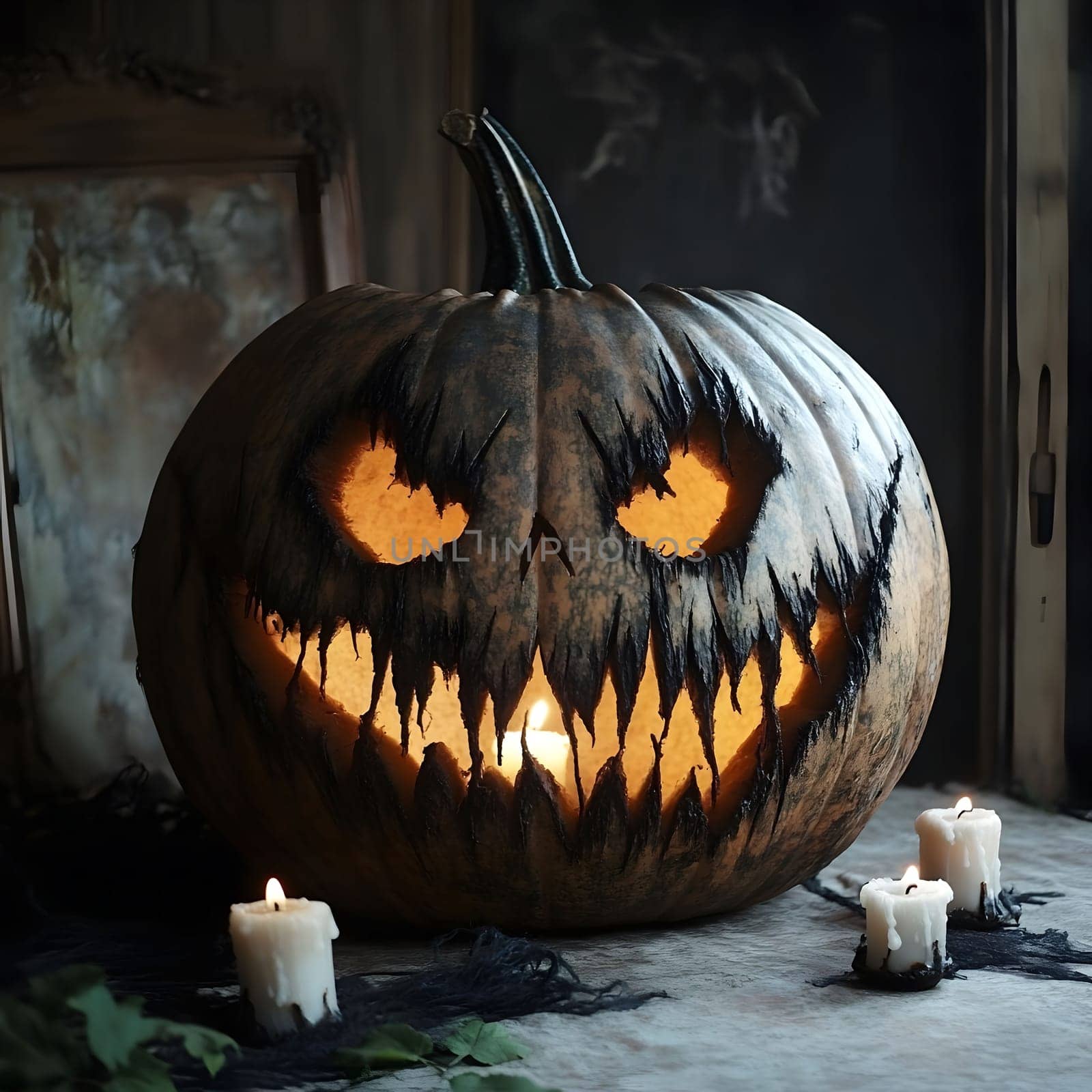 A carved pumpkin with an eerie smile and glowing candles for a spooky Halloween decoration.