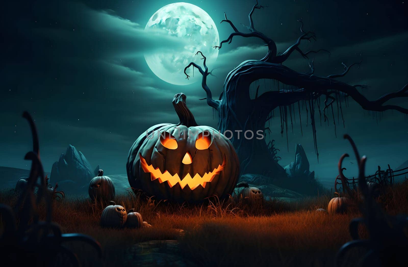 A glowing jack-o-lantern sits in a spooky forest with a full moon and a dead tree in the background.